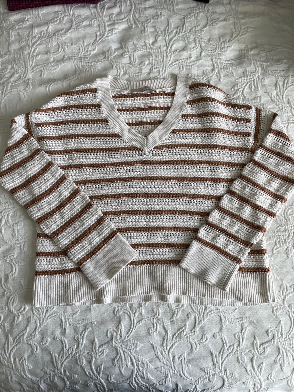 LOFT Women’s Cream & Brown Striped V-Neck Sweater